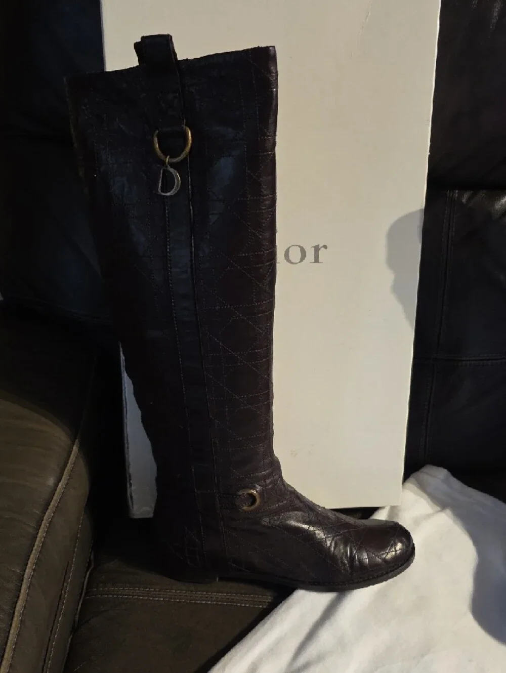 Dior Dark Brown Over-the-Knee Croc-Embossed Leather Boots